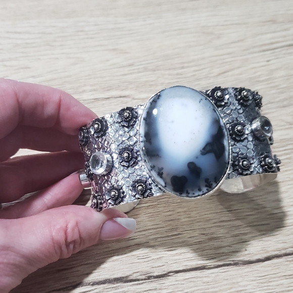 Opal bracelet, dendritic opal, 925 silver, cuff opal bracelet - Picture 2 of 13